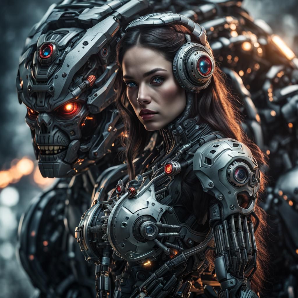 Cyborg Girl in the Arms of a Majestic Monster