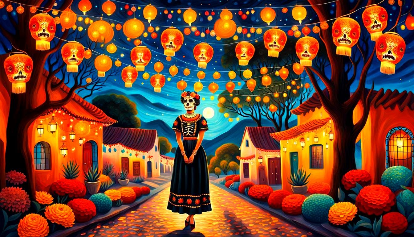 Vibrant Sugar Skull Woman in Festive Latin American Nighttim...