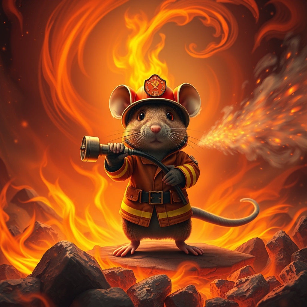 Heroic Fire Mouse in Surreal Inferno Scene