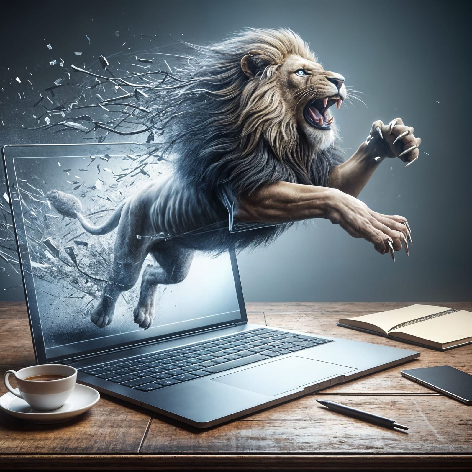 Majestic Lion Emerges from Laptop Screen in Stunning Cyberpu...