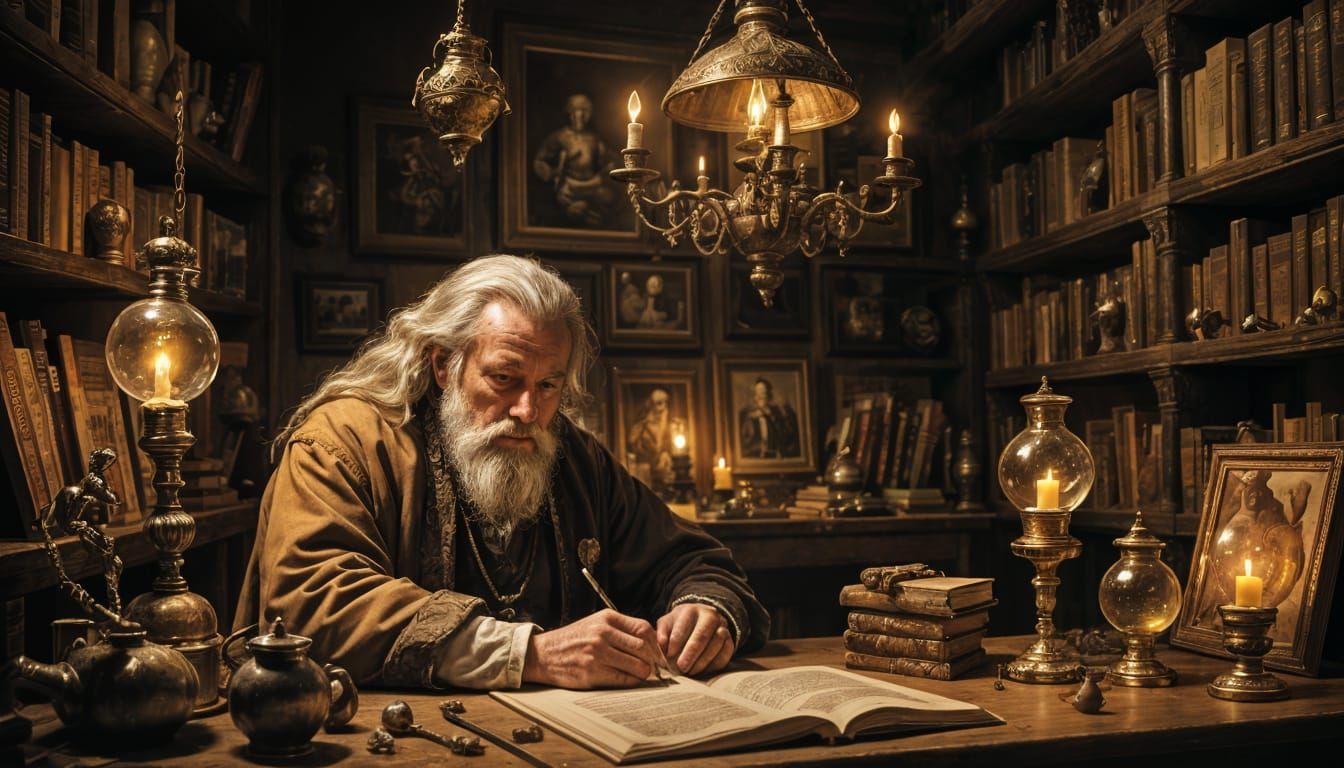 Elderly Scholar Illuminates Ancient Tomes in Lavish Study