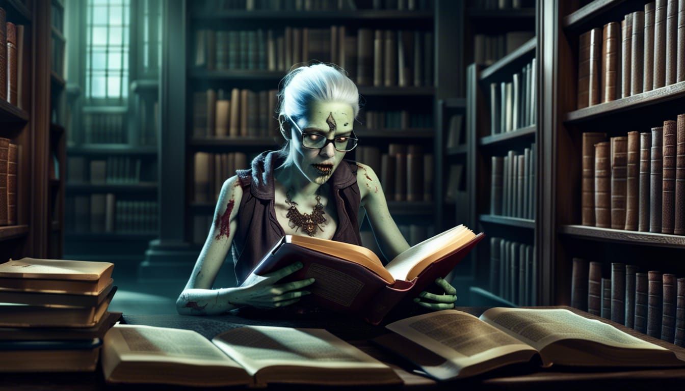 Realistic Zombie Librarian in Dark Fantasy Horror Style