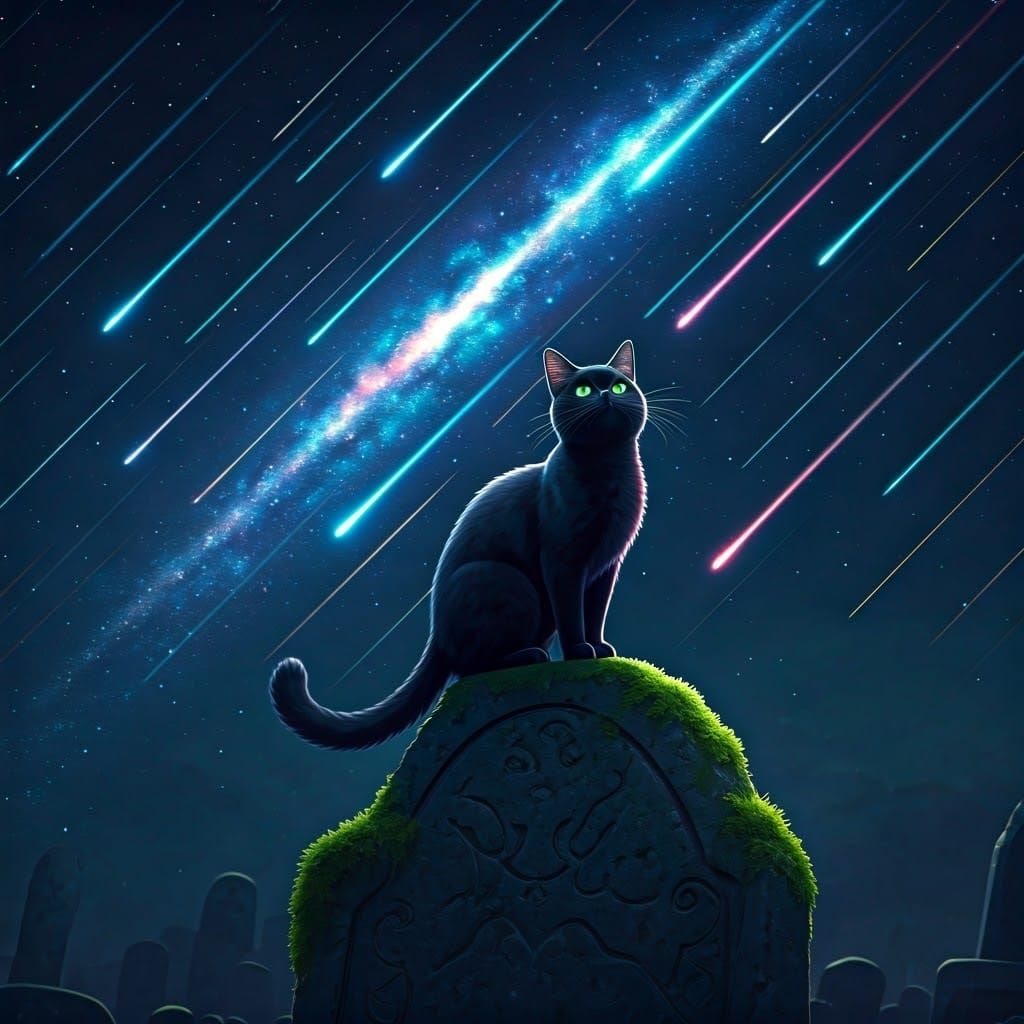 Majestic Black Cat Under Starry Night Sky