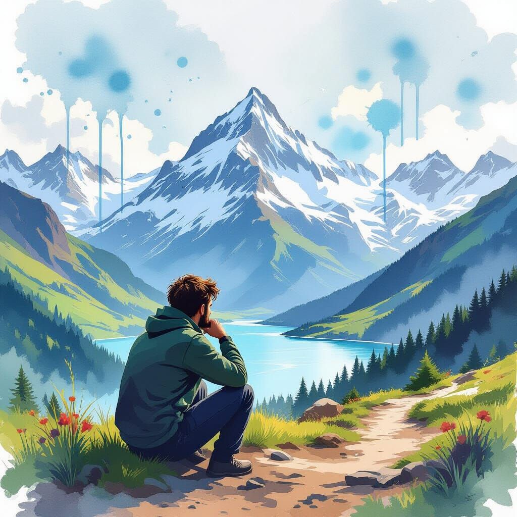 Mountain Silhouette Portrait in Watercolor Style