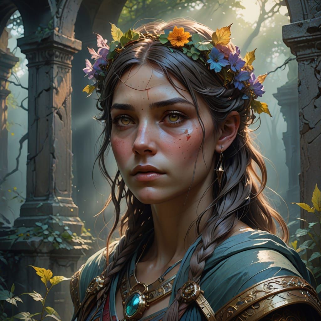 Melancholic Guardian Spirit in Ruined Sanctuary