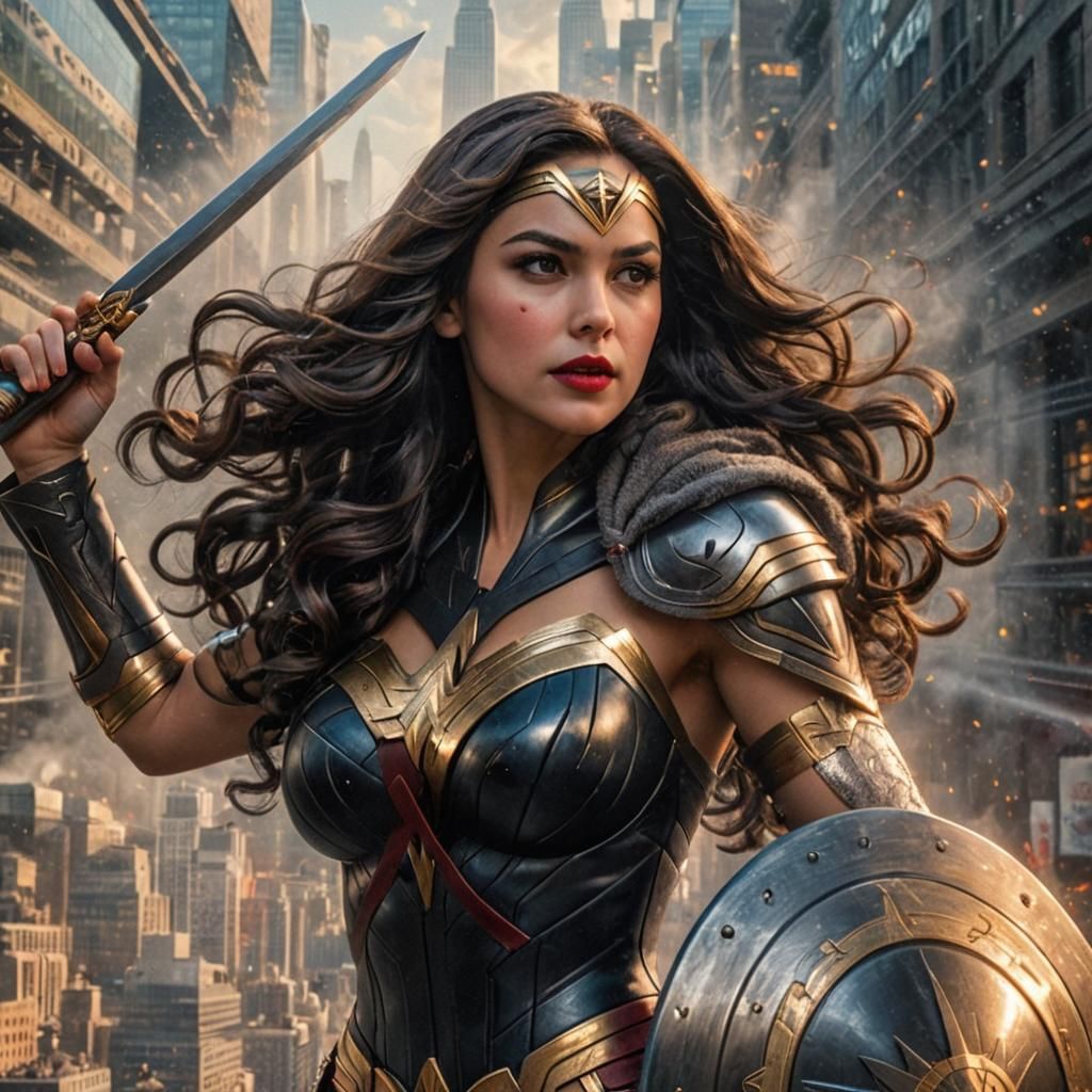 23 year old Wonder Woman, long 1960’s black hair, black eyeshadow, red lipstick, city in background