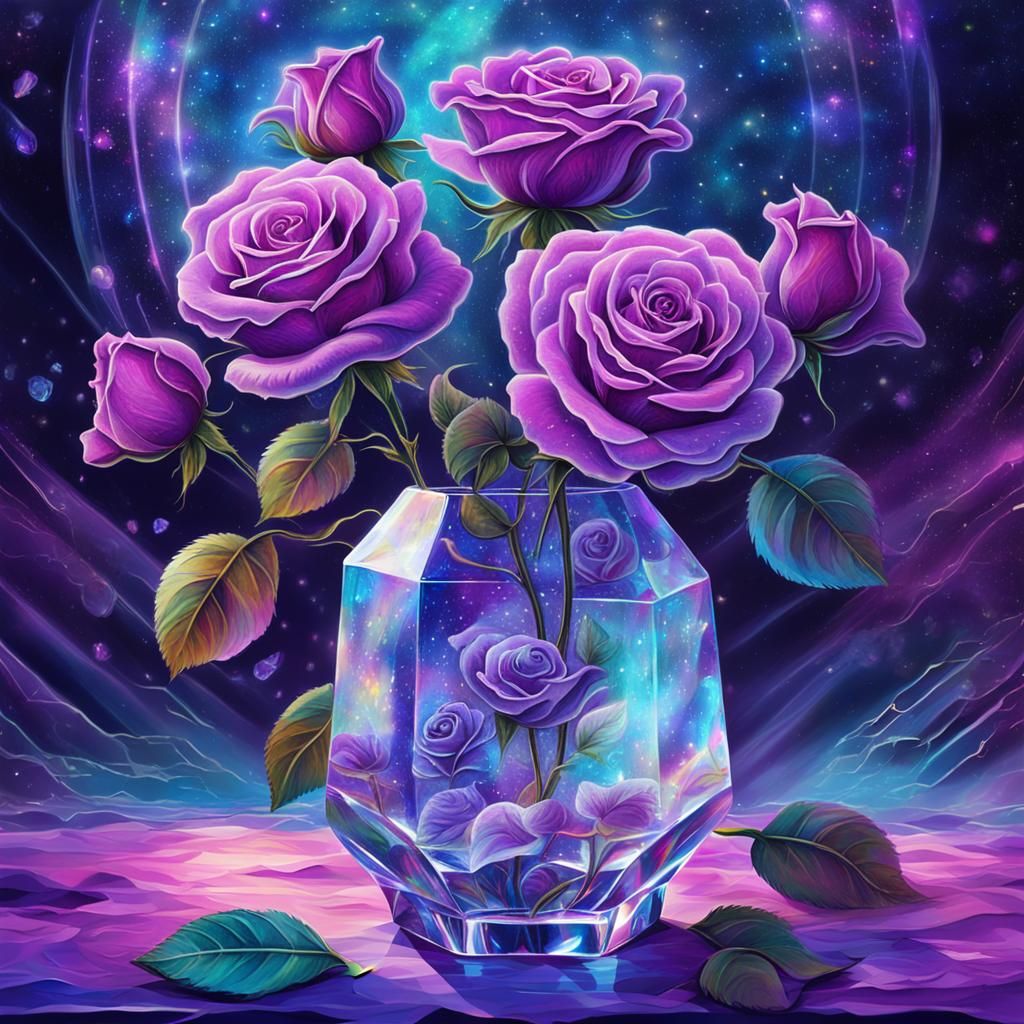 Holographic Astral Cosmos with Purple Roses in a Crystal Vas...