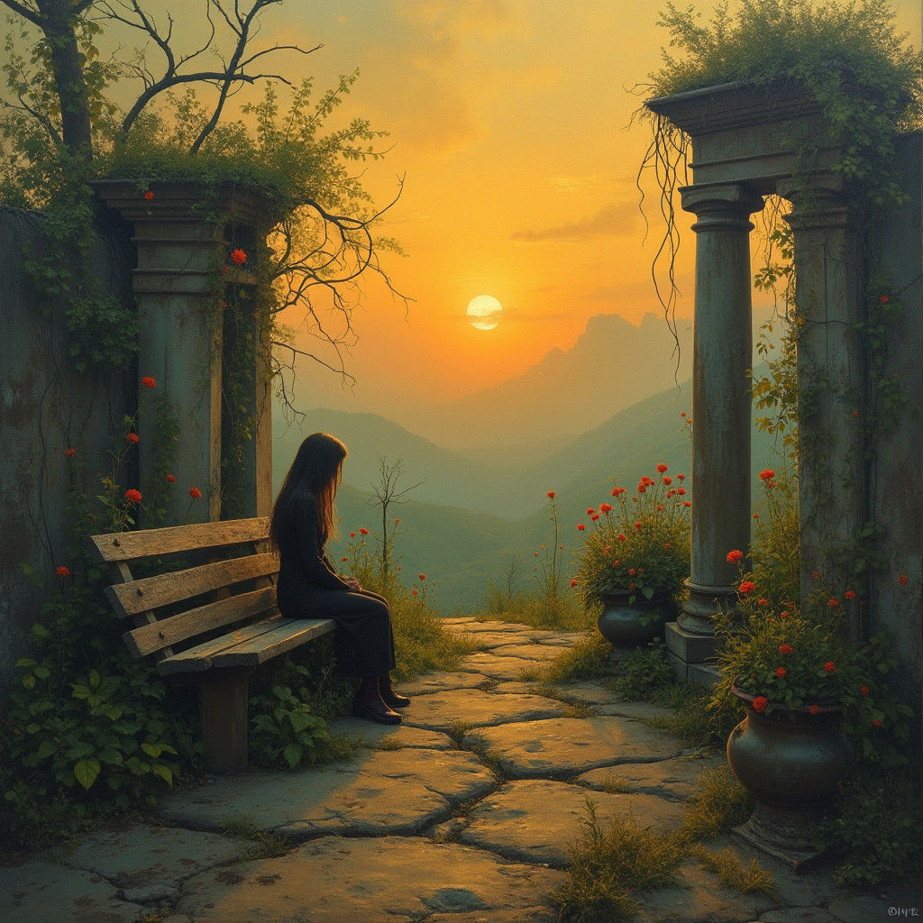 Surreal Garden Sanctuary at Sunset, in the Style of Beksińsk...