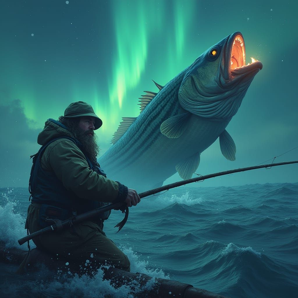Grizzled Fisherman Battles Bioluminescent Bass Under the Aur...