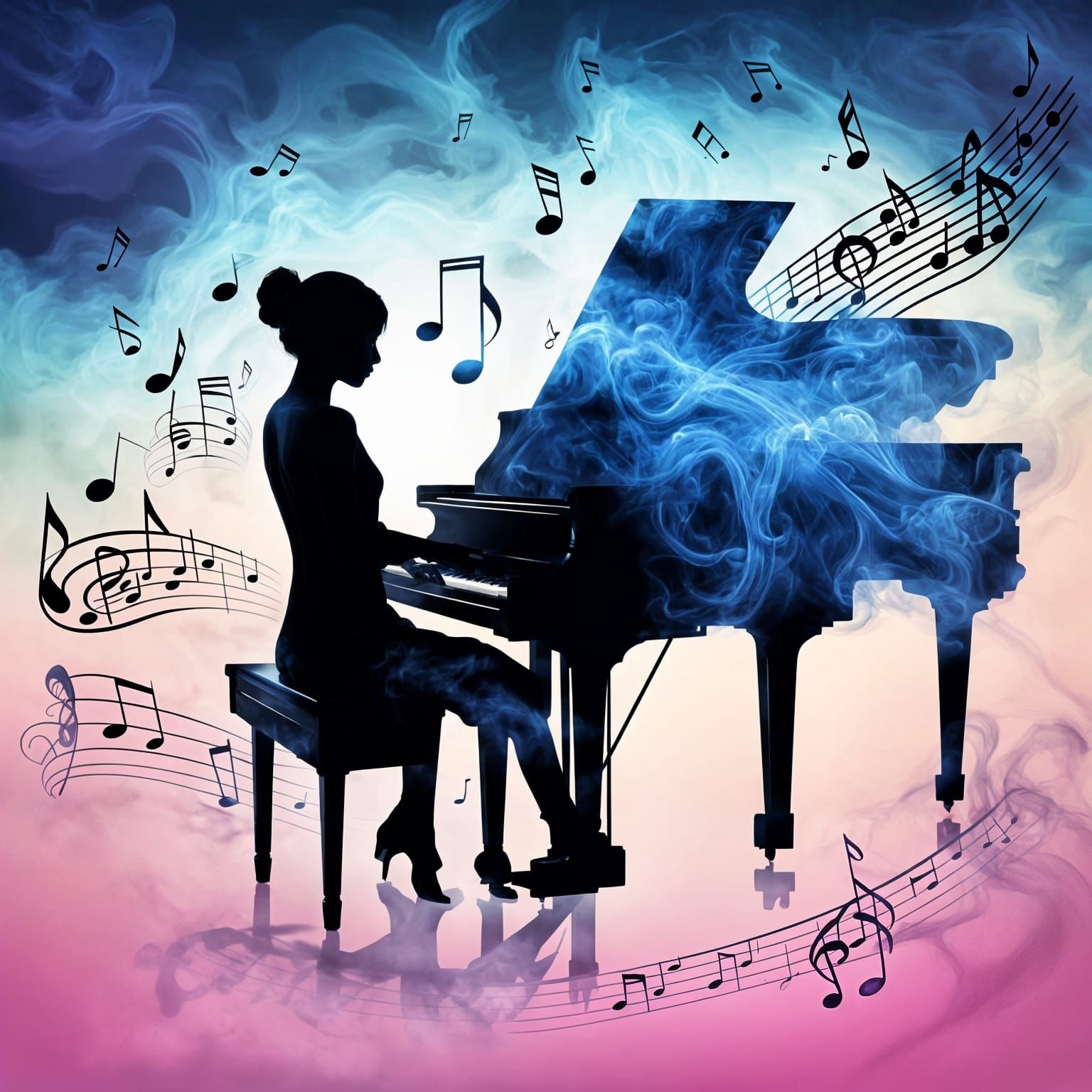 Smokey Silhouette: Woman at Piano with Aurora