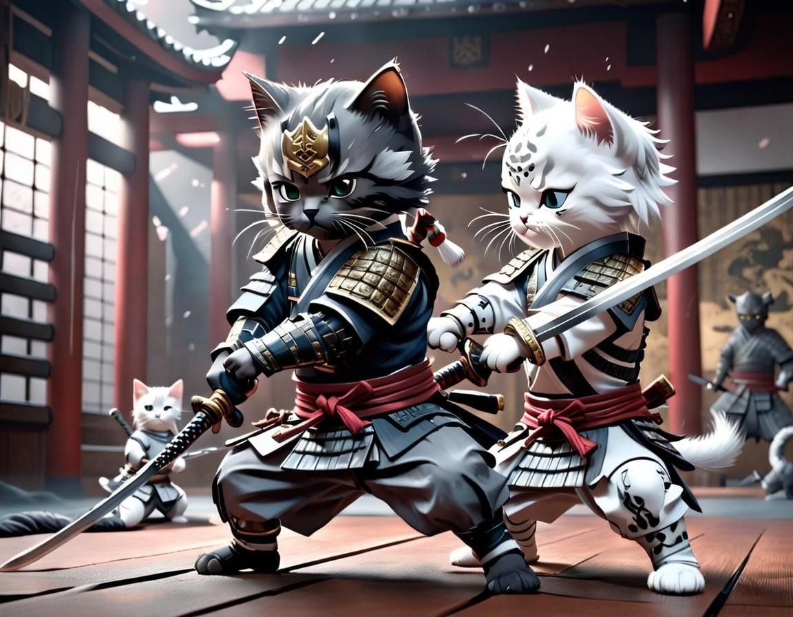 Fierce Samurai Kittens Clash in Epic Fantasy Battle Scene
