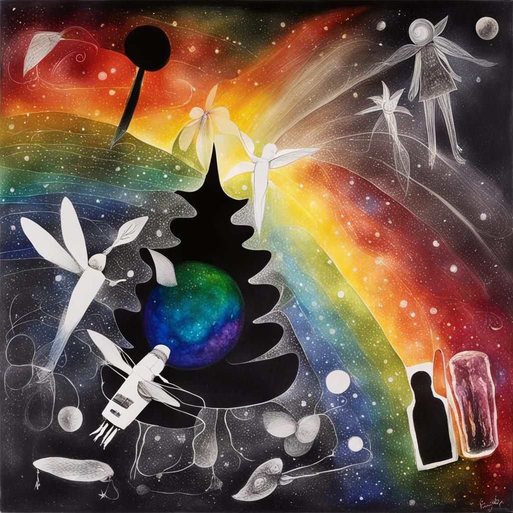 Abstract Surreal Rayograph with Luminous Rainbow Fairy