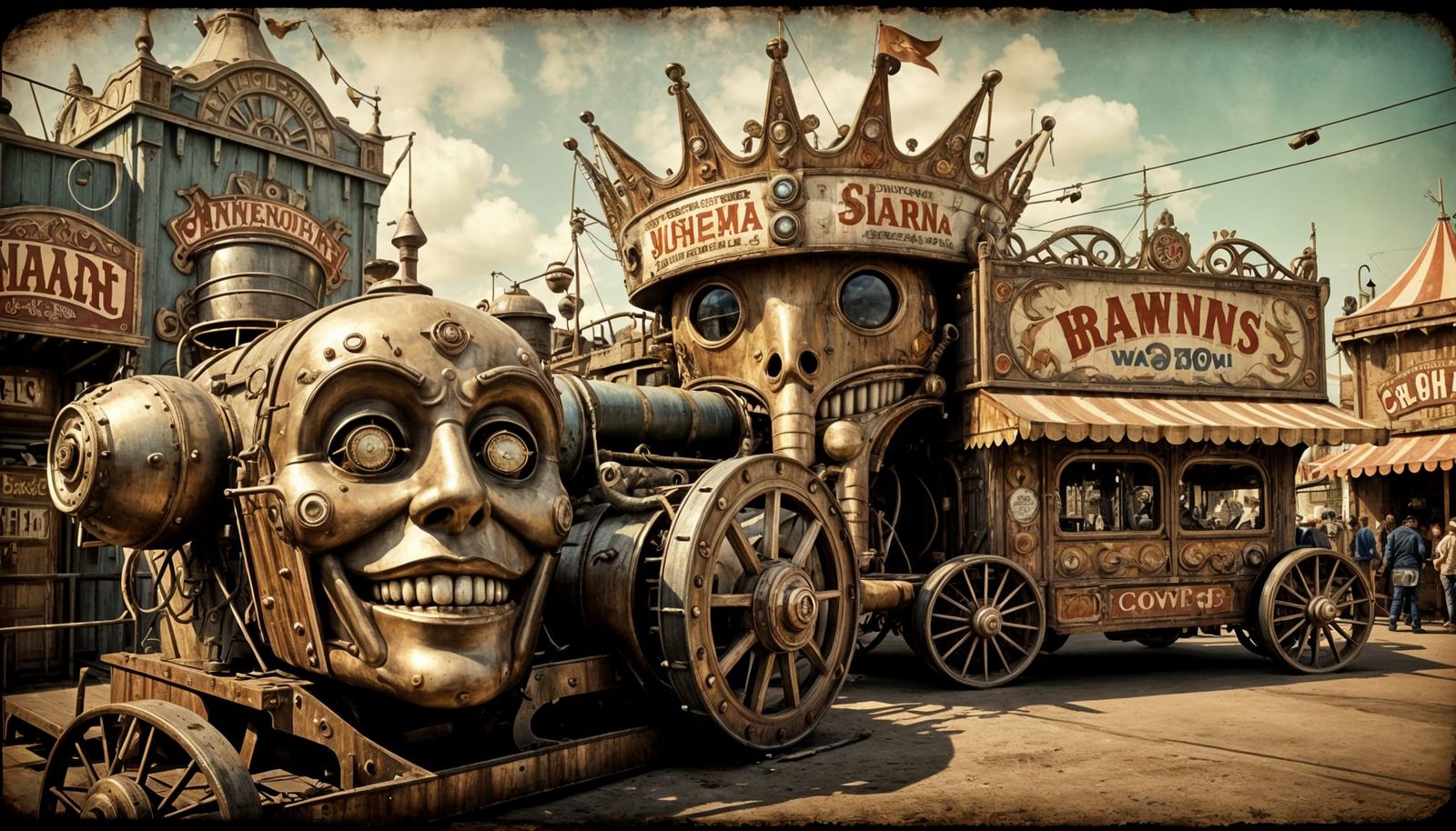 Steampunk Carnival Scene with Vintage Fairground Machine