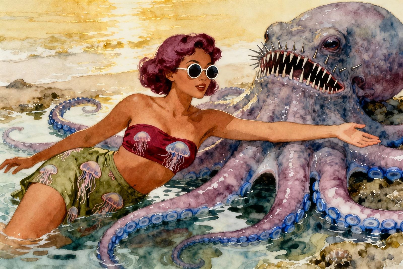 Pinup Style Kraken and Woman Basking in Tide Pool