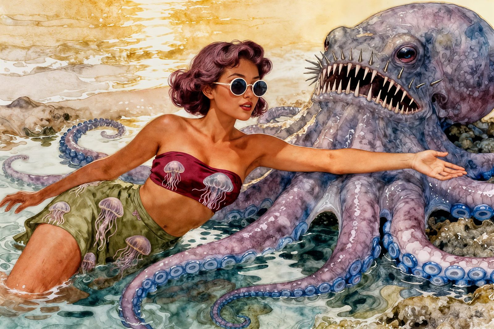 Kraken and Woman Basking in Tide Pool, Pinup Style