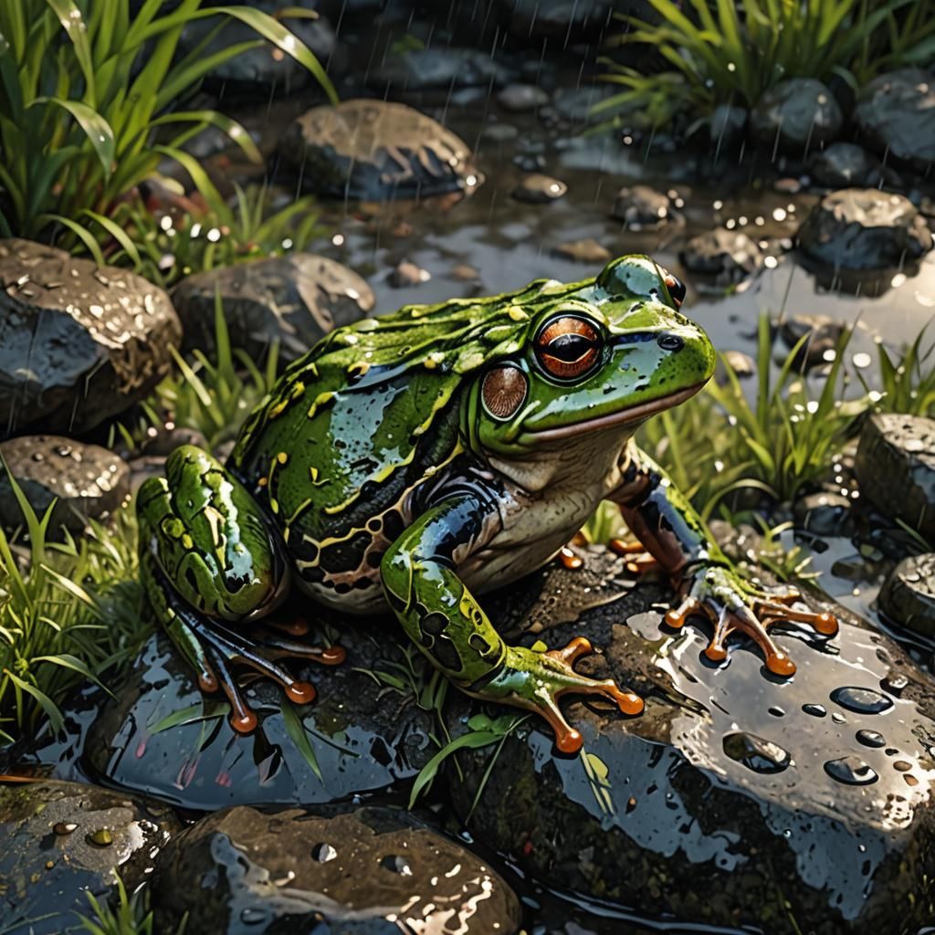 Realistic Frog on Rainy Rocks