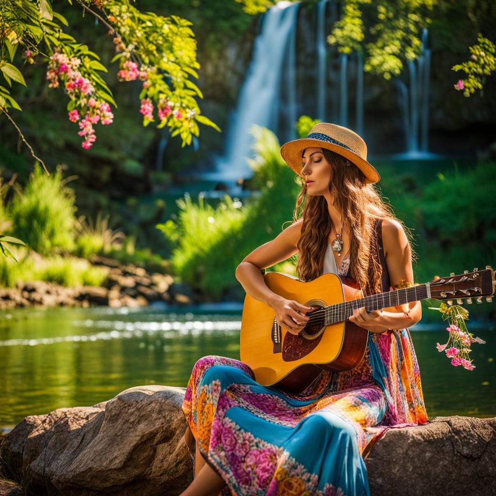 Hippie Woman Serenading Nature Amidst Lush Waterfall Oasis