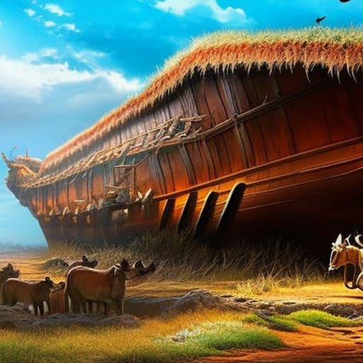 Hyperrealistic Noah and the Ark in Vibrant Colors