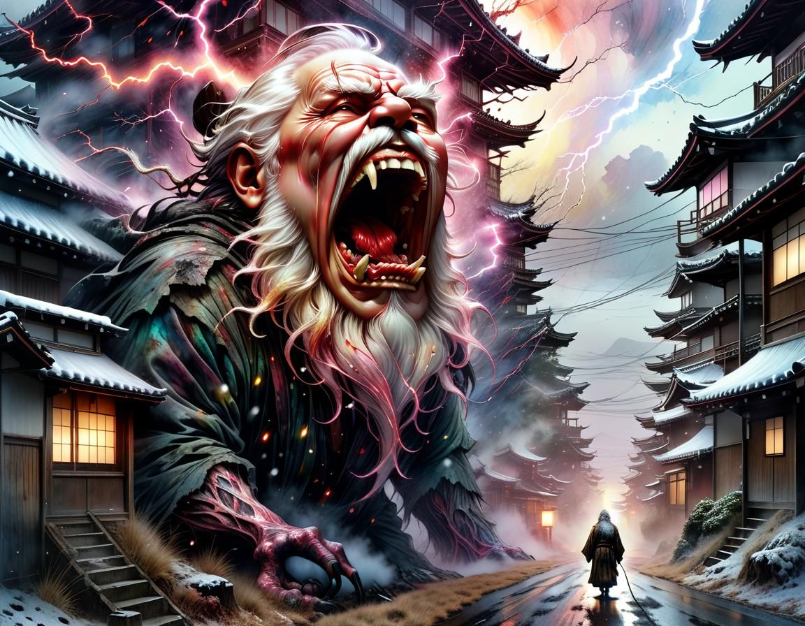 Macabre Body Horror Monster in Traditional Japanese Art Styl...