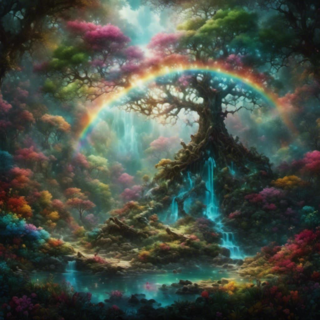Ethereal Tree of Life in Rainbow Hued Garden of Eden