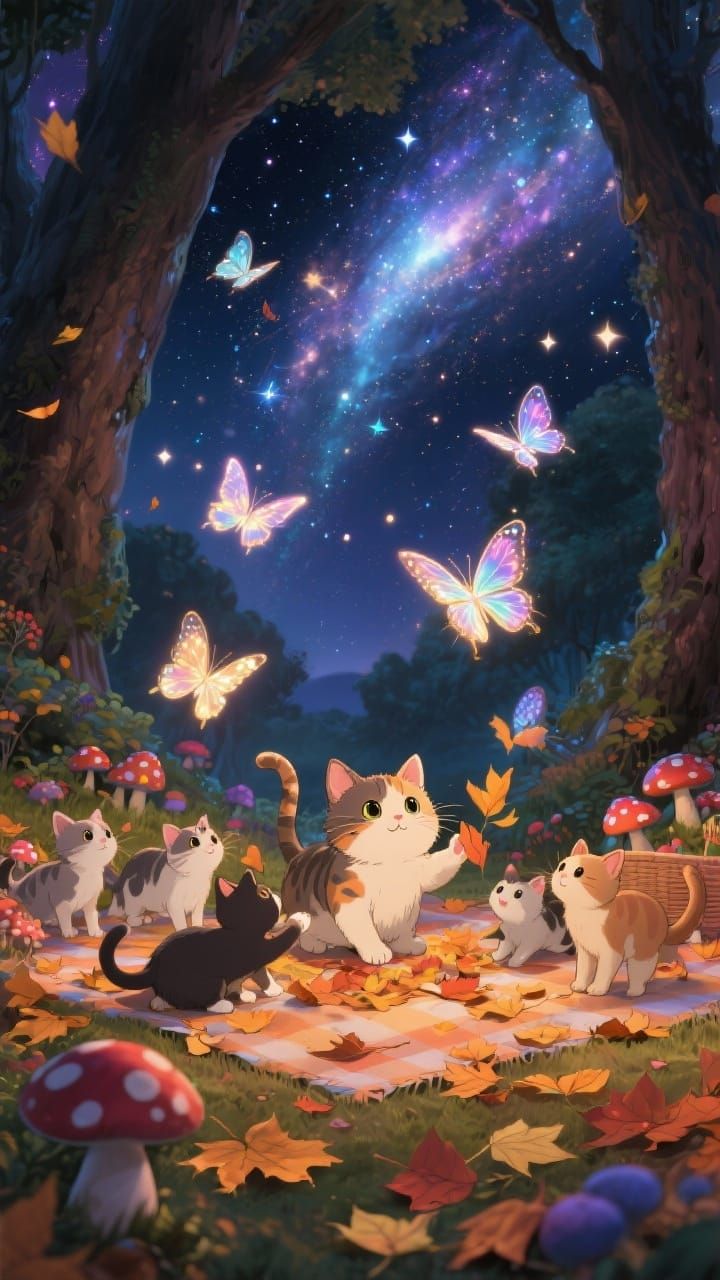 Celestial Kitten Picnic in Autumn Leaves