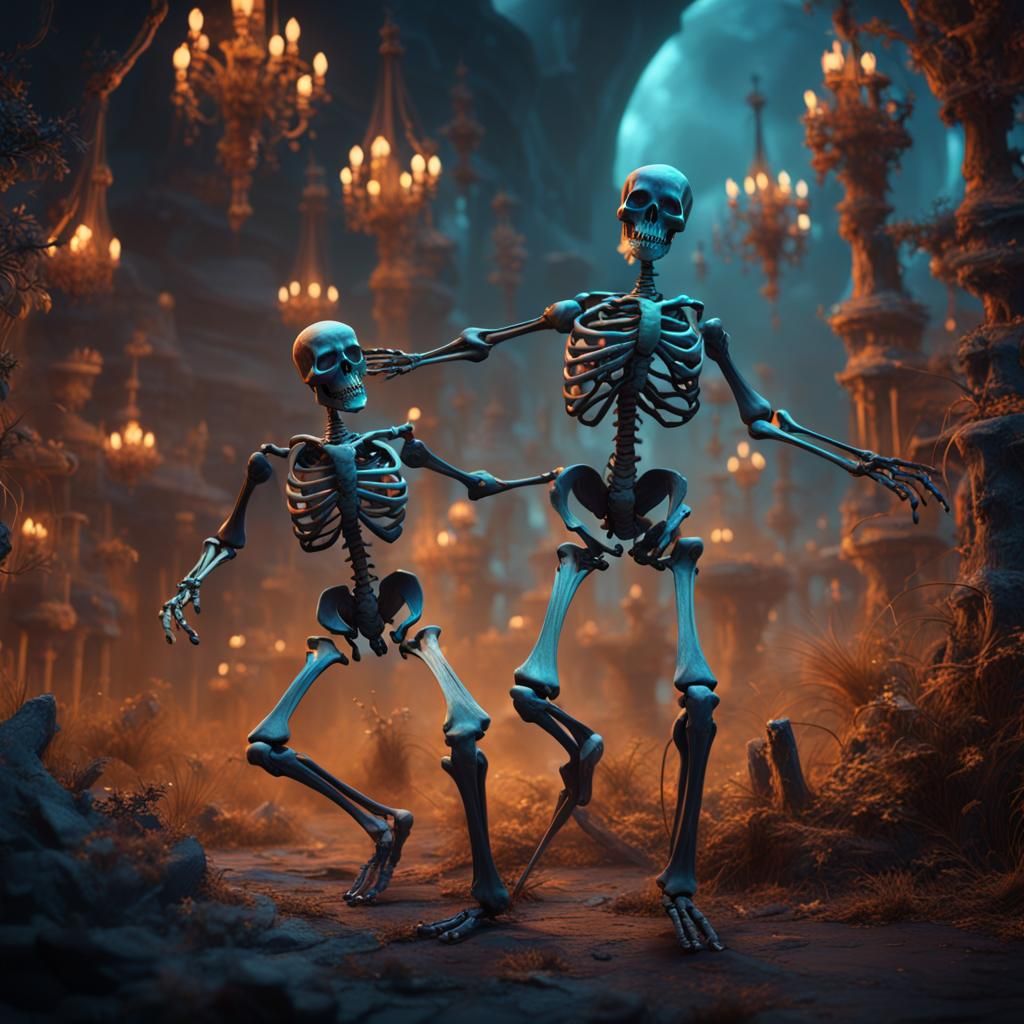Dancing Skeletons in Vibrant Fantasy Landscape