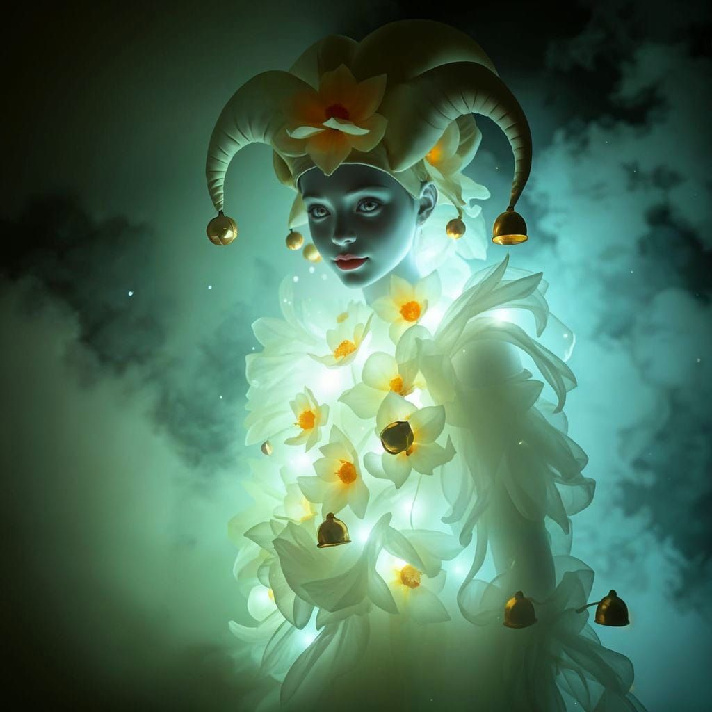 Ethereal Jester in Pastel Hues with Glowing Crystals