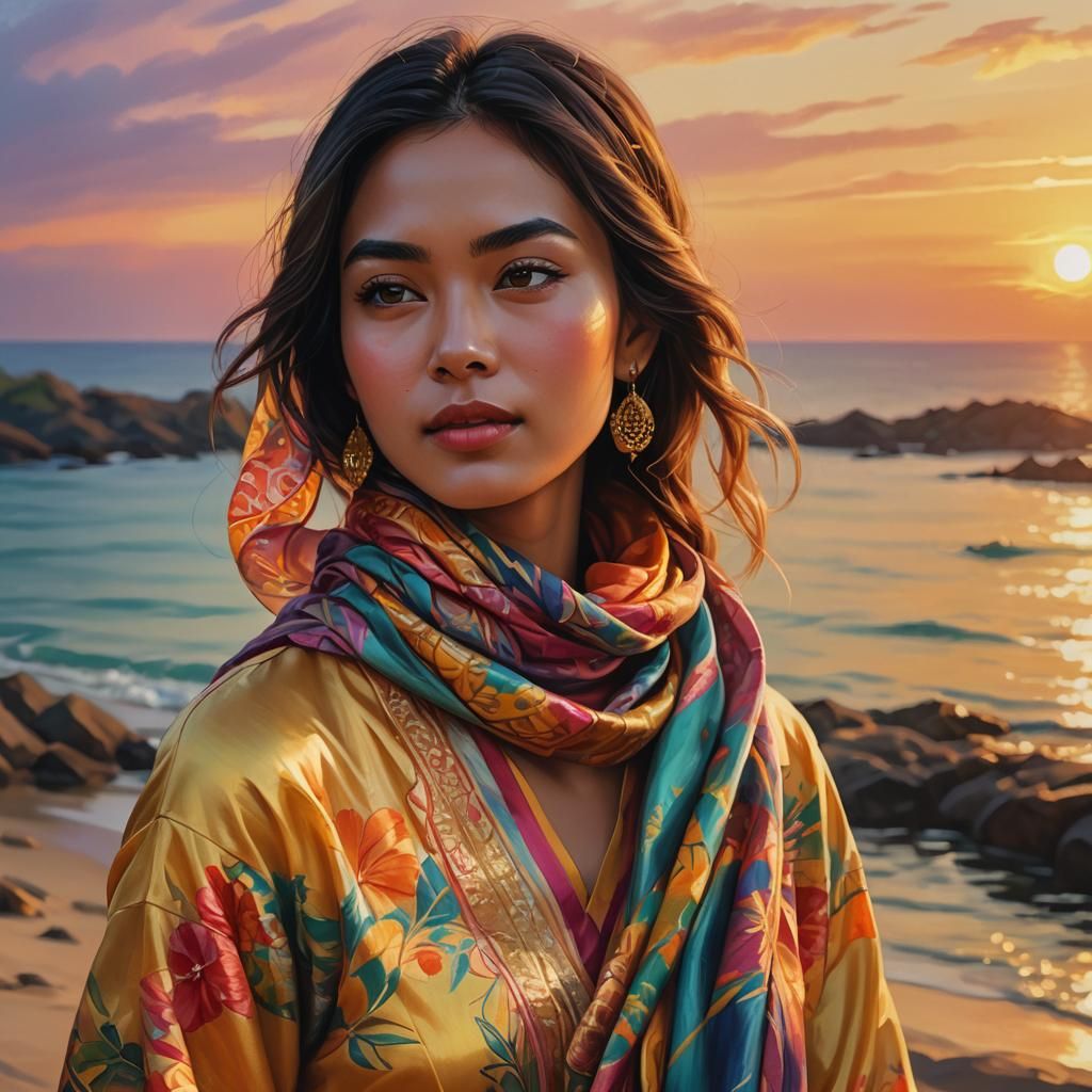Serene Malay Beauty Gazing at Sunset Sea