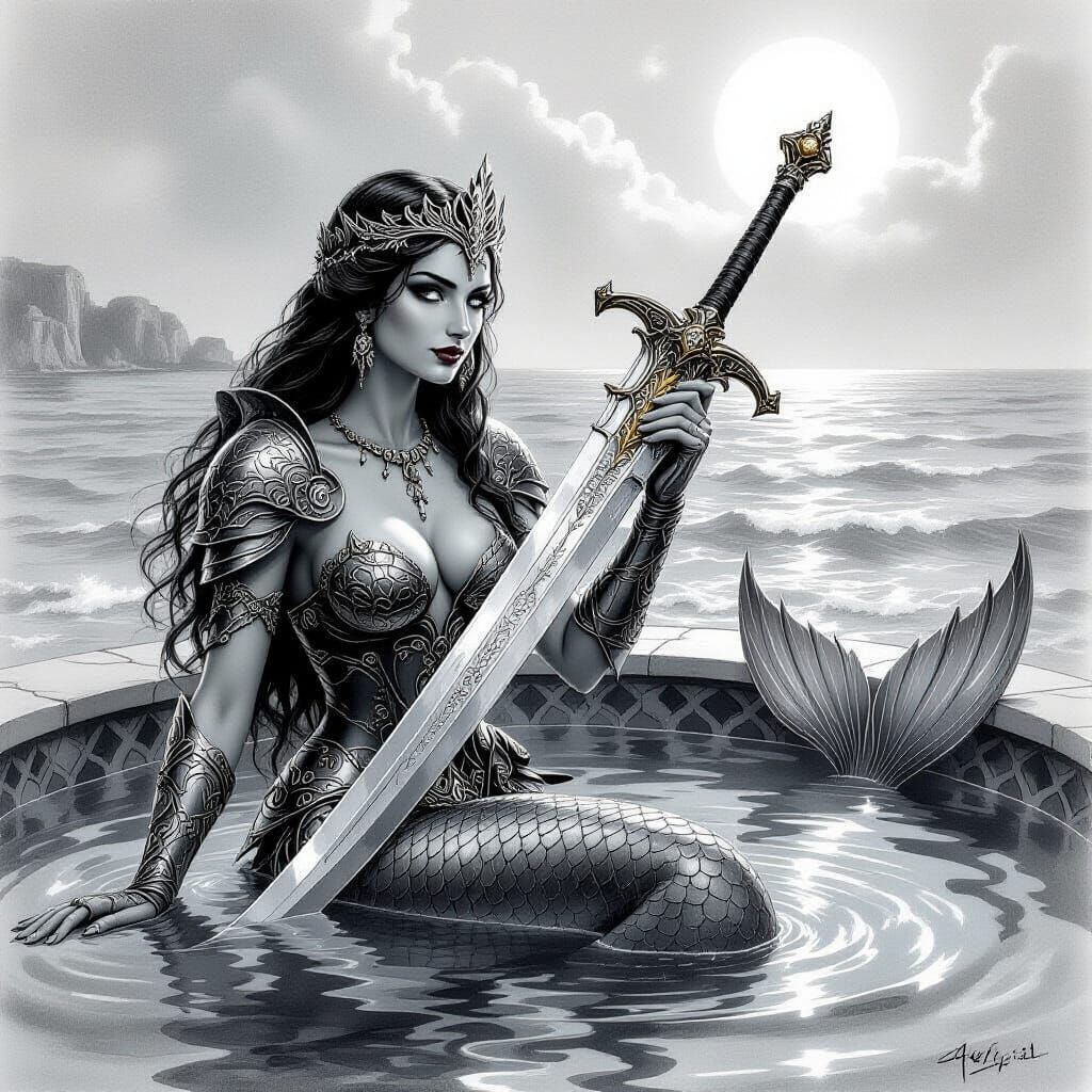 Armored Mermaid and Vampire Knight in Charcoal Drawing