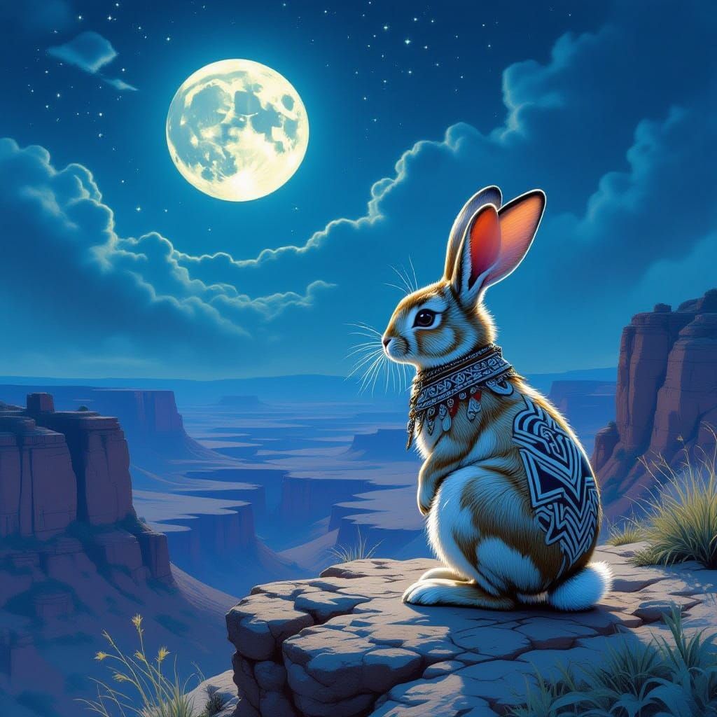 Tribal Bunny Explorer on Mesa Under Twin Moons
