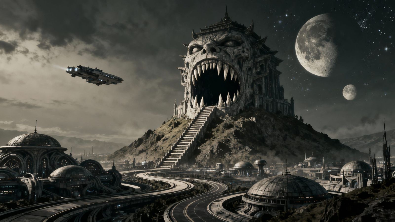 Alien Planet Temple of Overlords in Gritty Noir Style