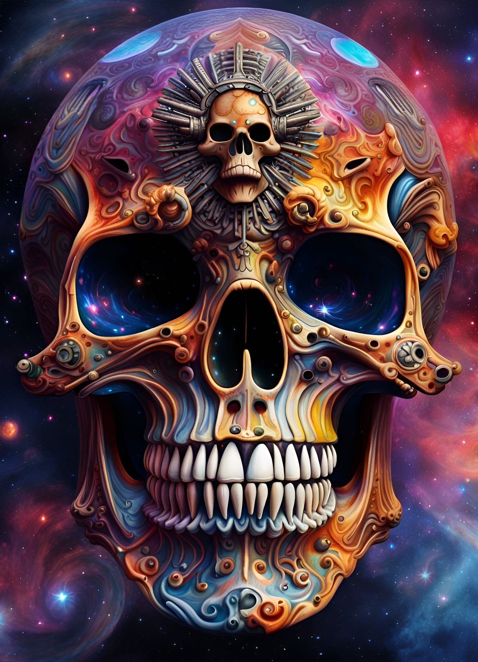 Surreal Space Pirate Battleship in Psychedelic Nebula Skull