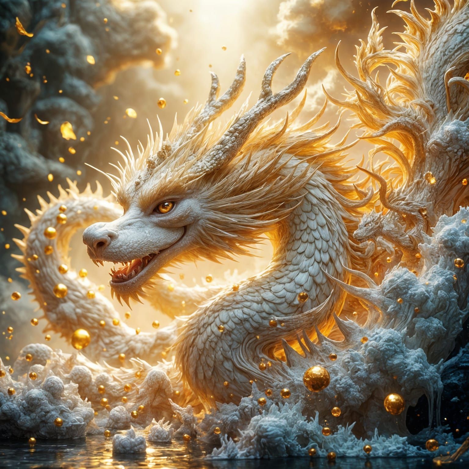 <lora:Empaste:1.0> White golden dragon in a ray of light. Detailed matte painting, deep color, fantastical, intricate de...