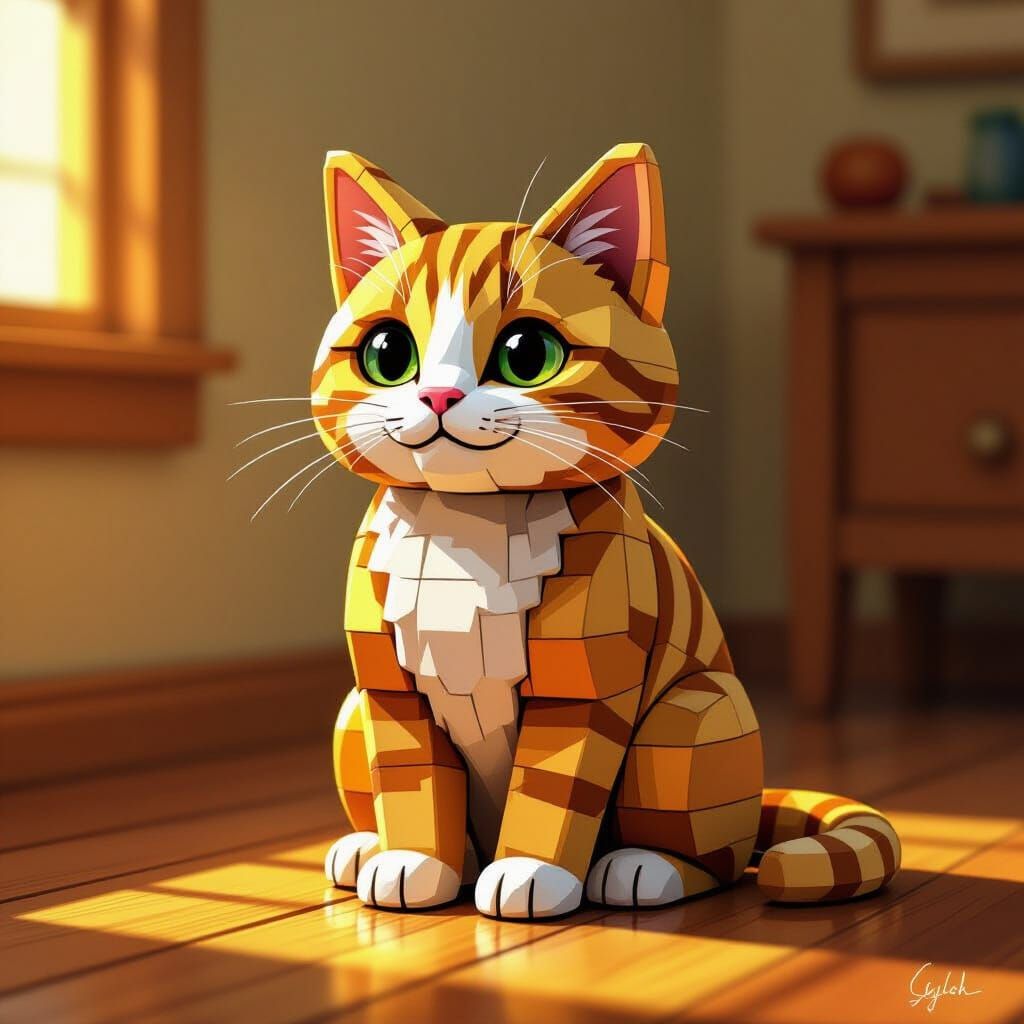 Wooden Block Cat in Folk Art Style