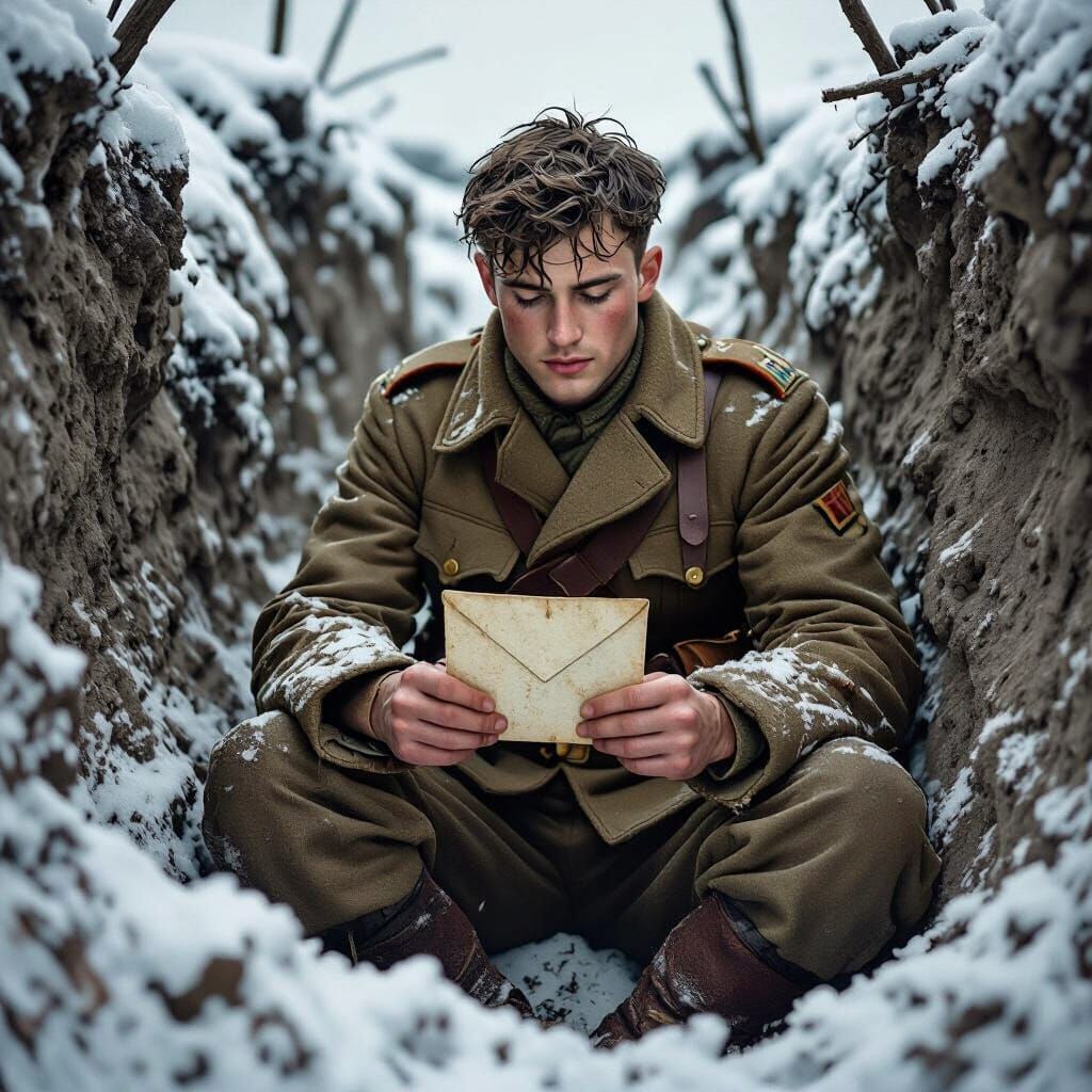 WWI Soldier in Trench Holding Letter, Expressive Realism