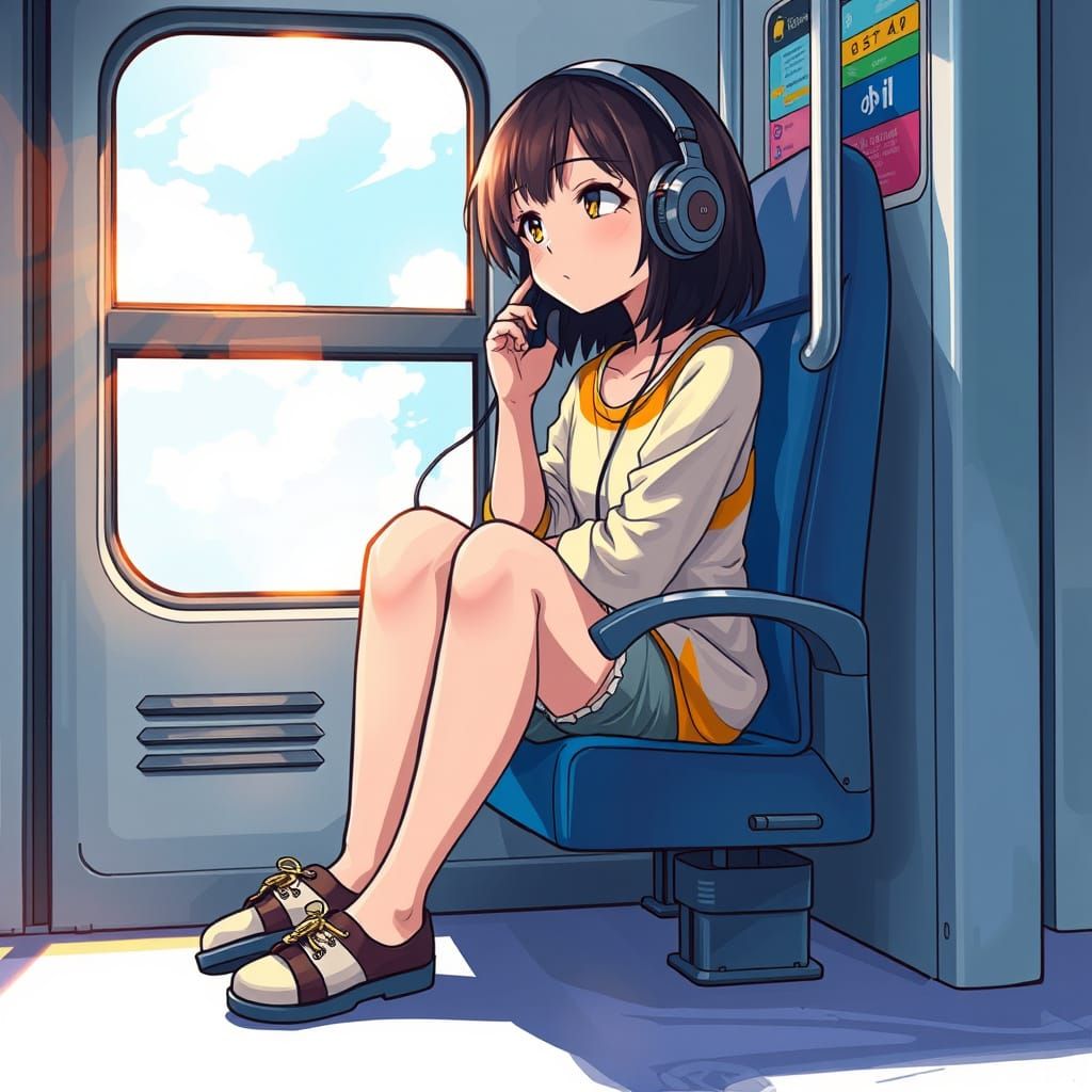 Serenely Lost in Music, a Young Woman Sits on a Train, Her H...