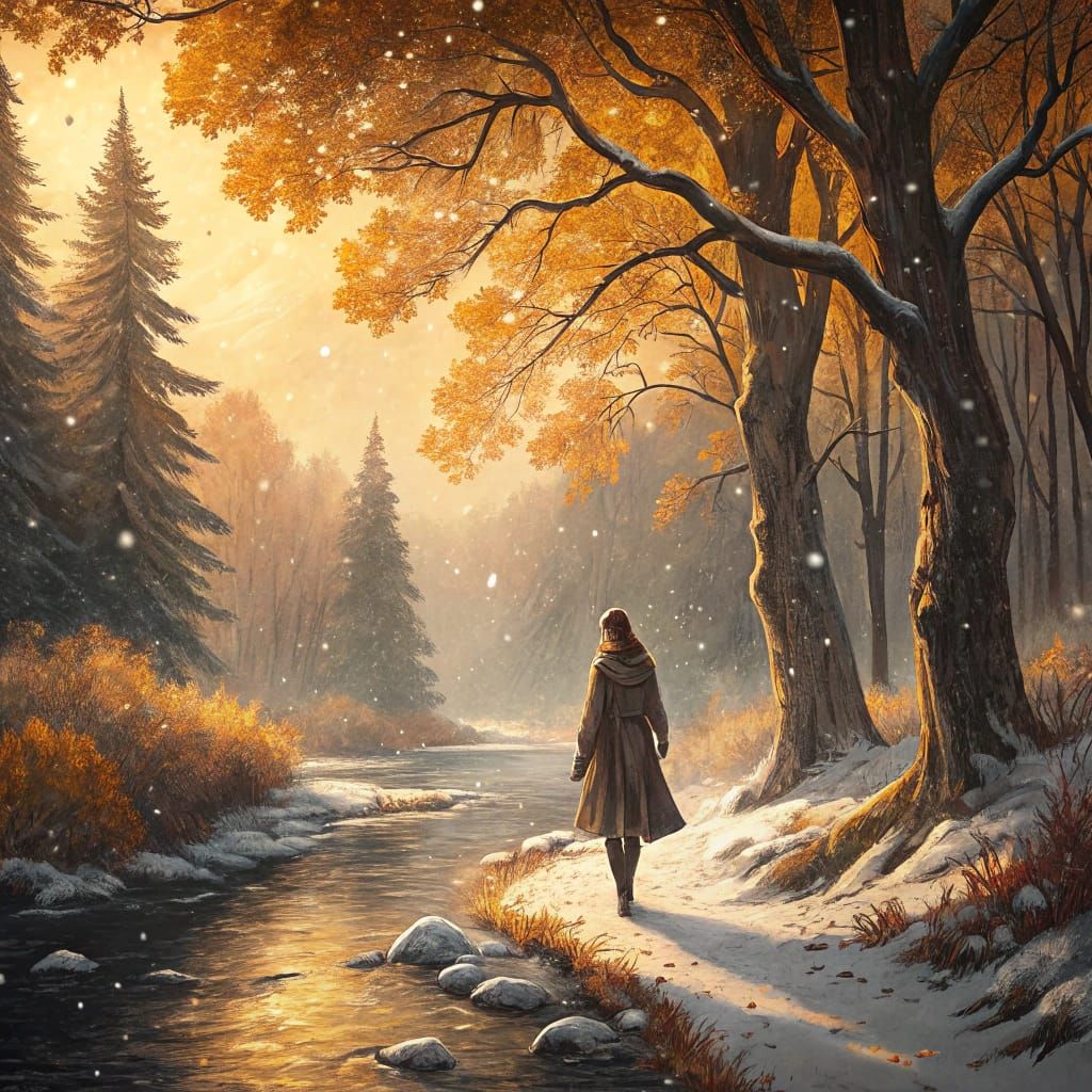Serene Woman in Autumn Forest Snowfall