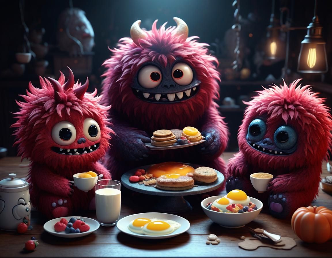 Cute Fluffy Monsters Enjoy a Monster Breakfast in Dark Acade...