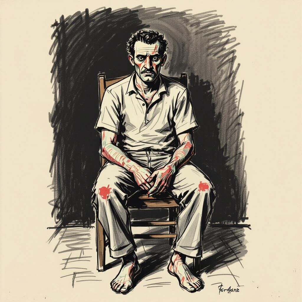 Man in Pain with Bandaged Fingers, Dark Melancholy Style