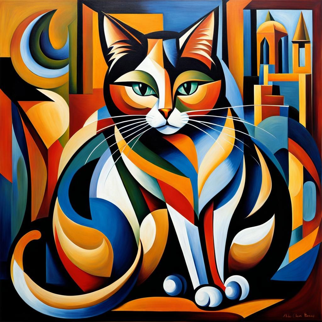 Feline Fragmentation in Cubist Oil Painting