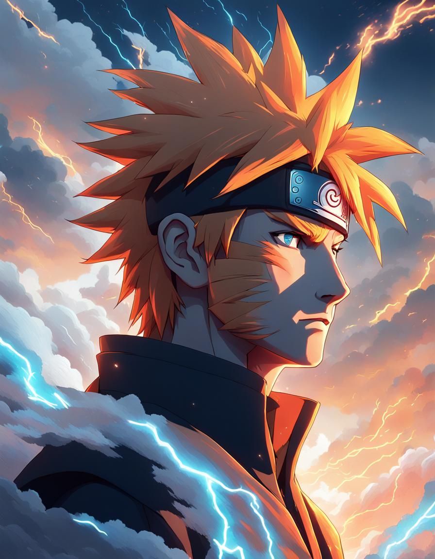 Ethereal Naruto Confronts Kurama in a Radiant Cloudscape