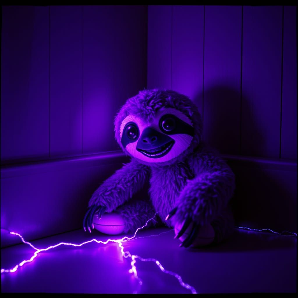 Creepy Sloth Toy in Dark Room with Neon Lights