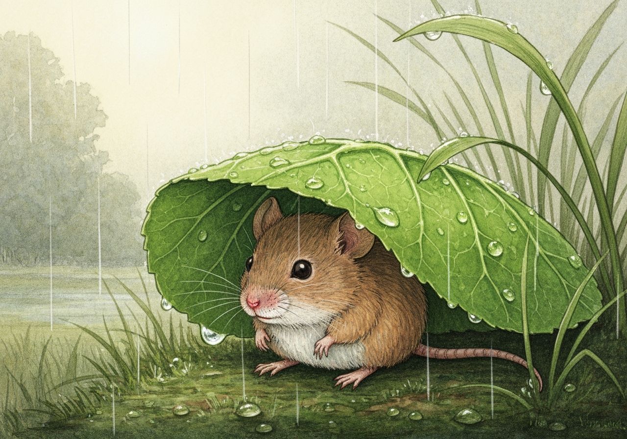Mouse in Rain: Watercolor Illustration
