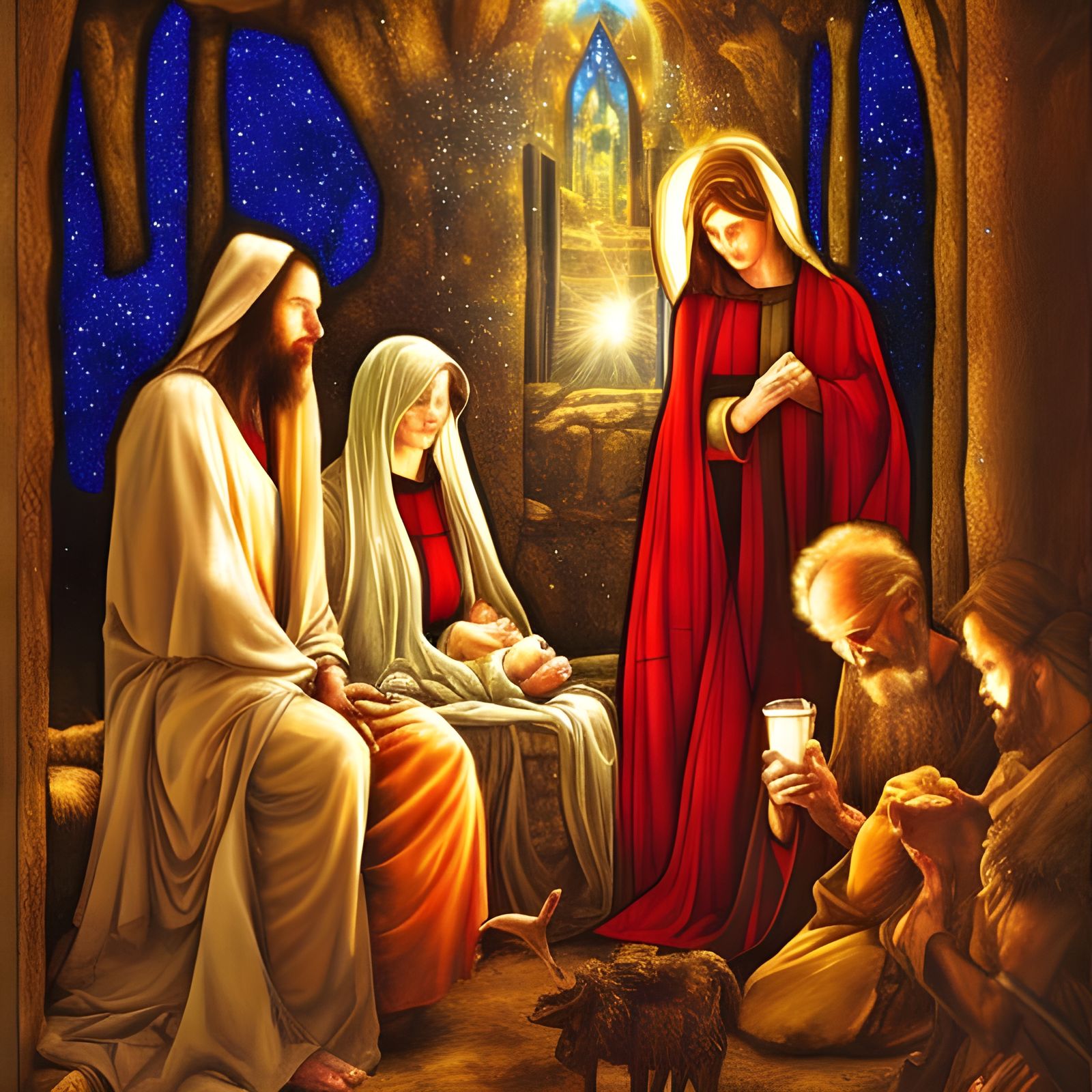 Ethereal Nativity Scene in Stained Glass Style