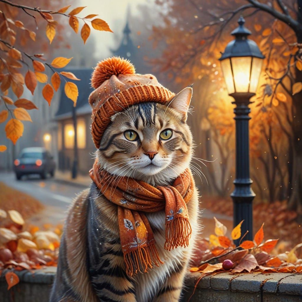 Cozy Cat in Autumn Watercolor
