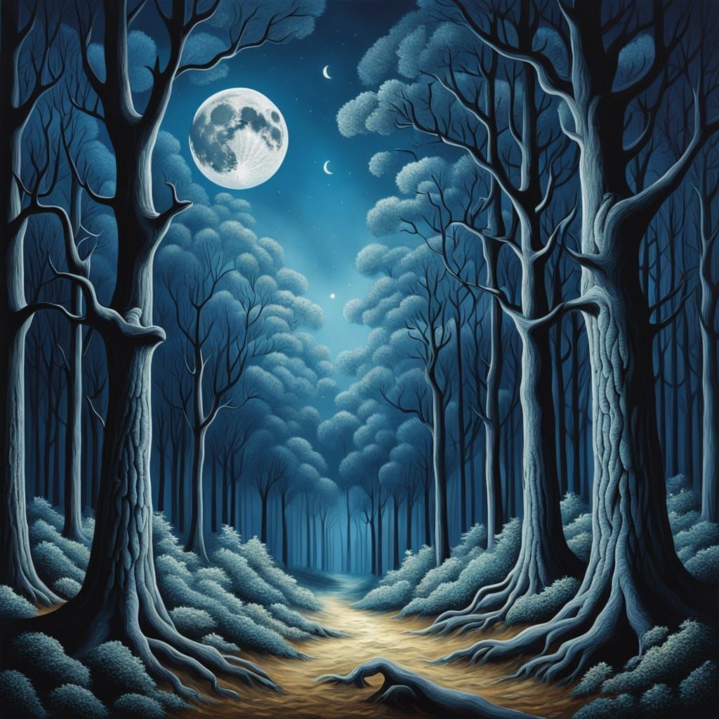Surreal Moonlit Forest in Magritte Style
