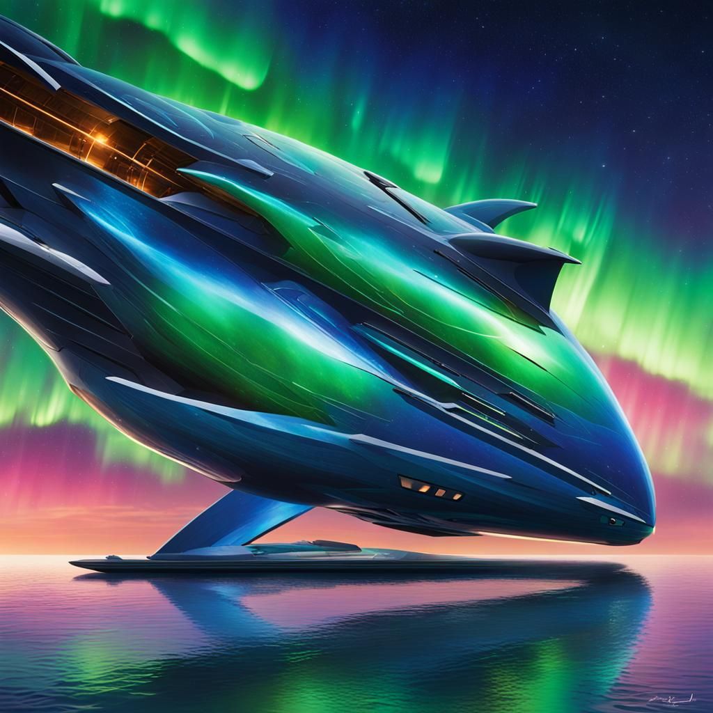 Elegant Interstellar Vessel Aurora with Northern Lights-Insp...