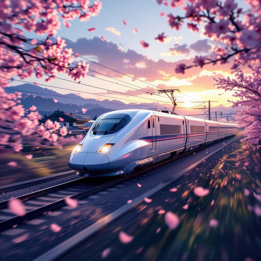 Bullet Train Speeds Through Sunrise Cherry Blossoms