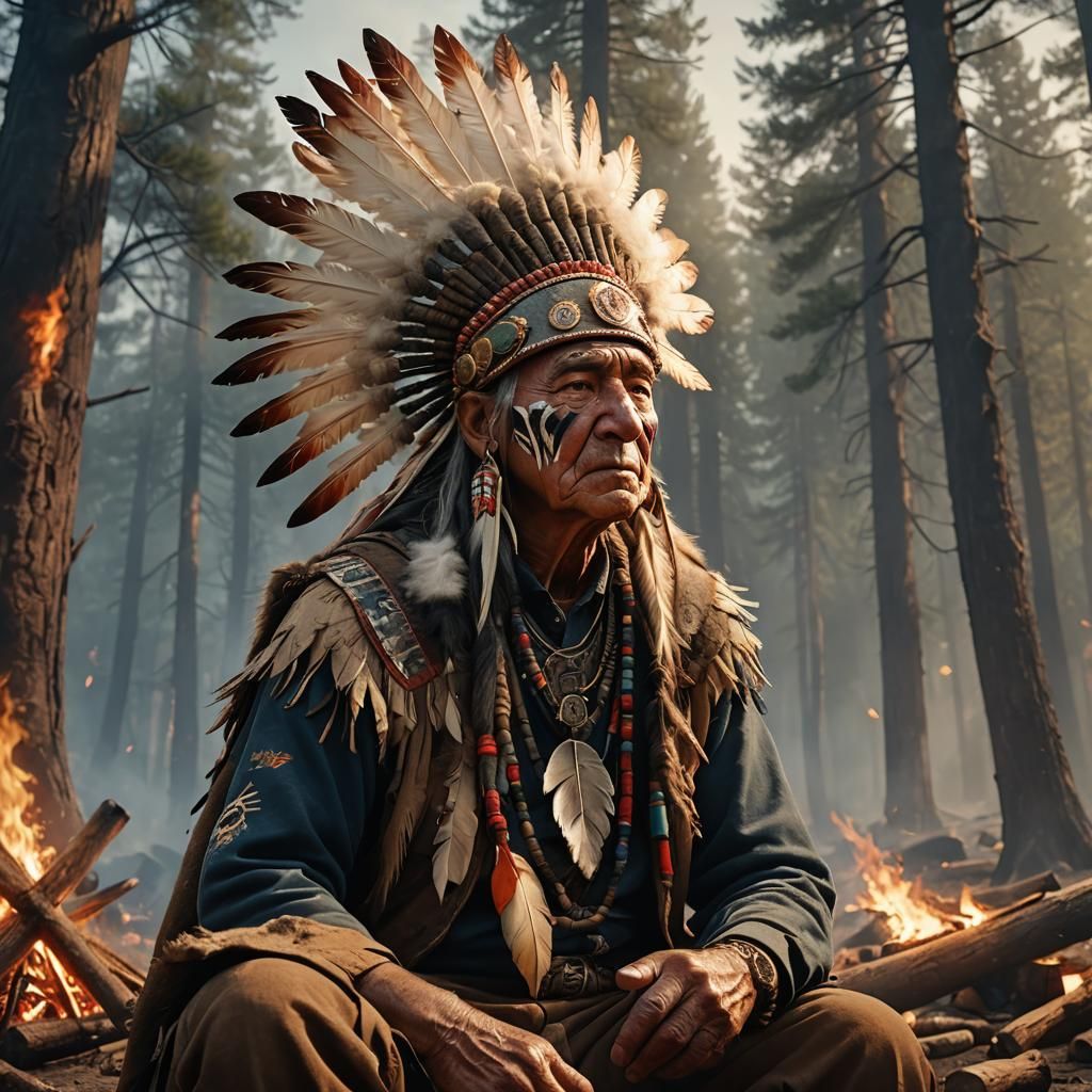 Elder Native Shaman Contemplates by Campfire in Detailed Fan...
