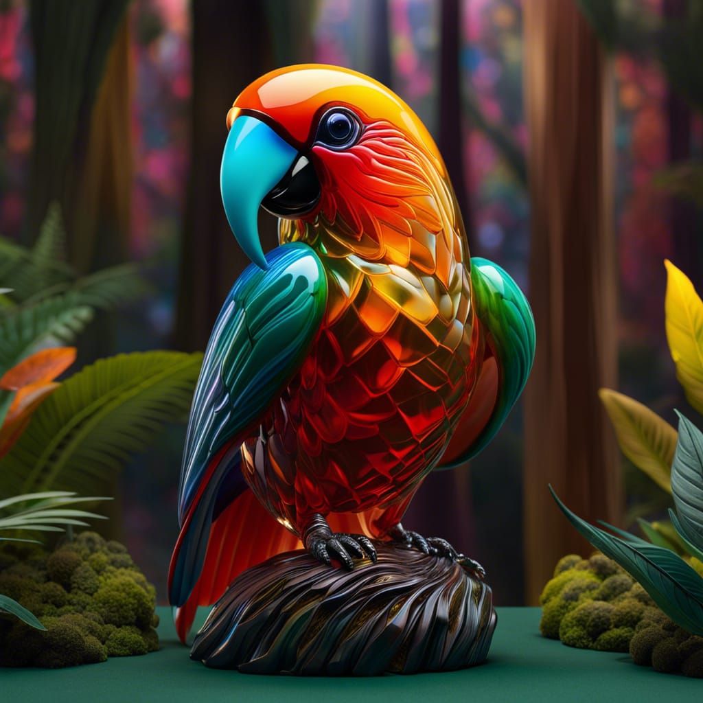 Surreal Glass Parrot Thrives in Lush Forest Landscape